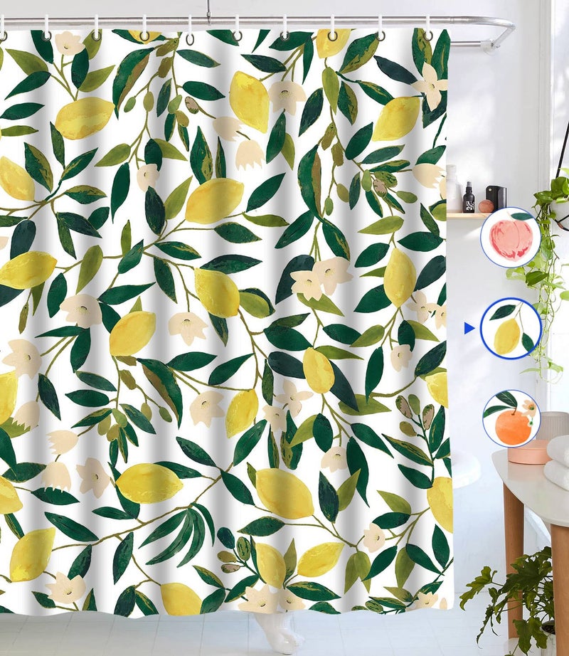 Lifeel Lemon Shower Curtain, Allover Fruits Green Leaves Plant Design Waterproof Fabric Bathroom Curtains Set with 12 Hooks, Green Yellow 72×72 inch - Image 1